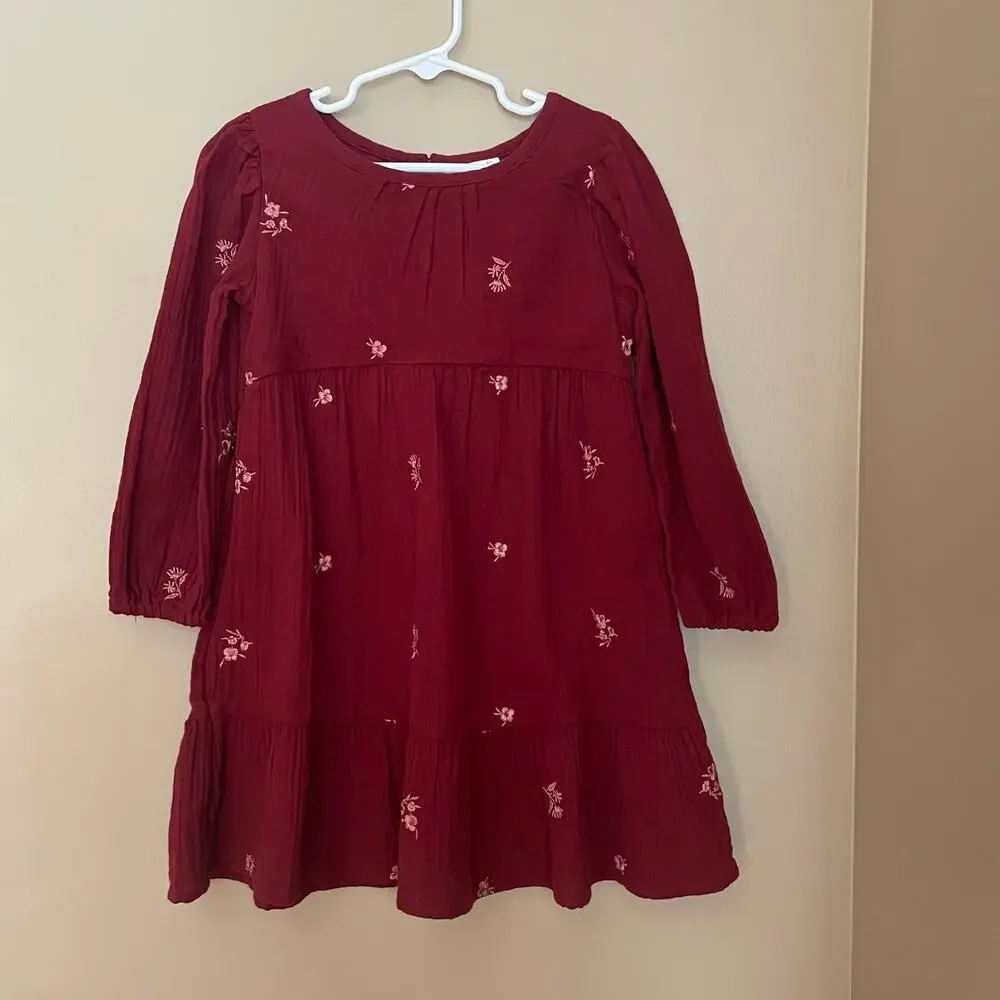 Cat & Jack Toddler 5T Burgundy Dress Long Sleeve Floral Design Holiday Dress